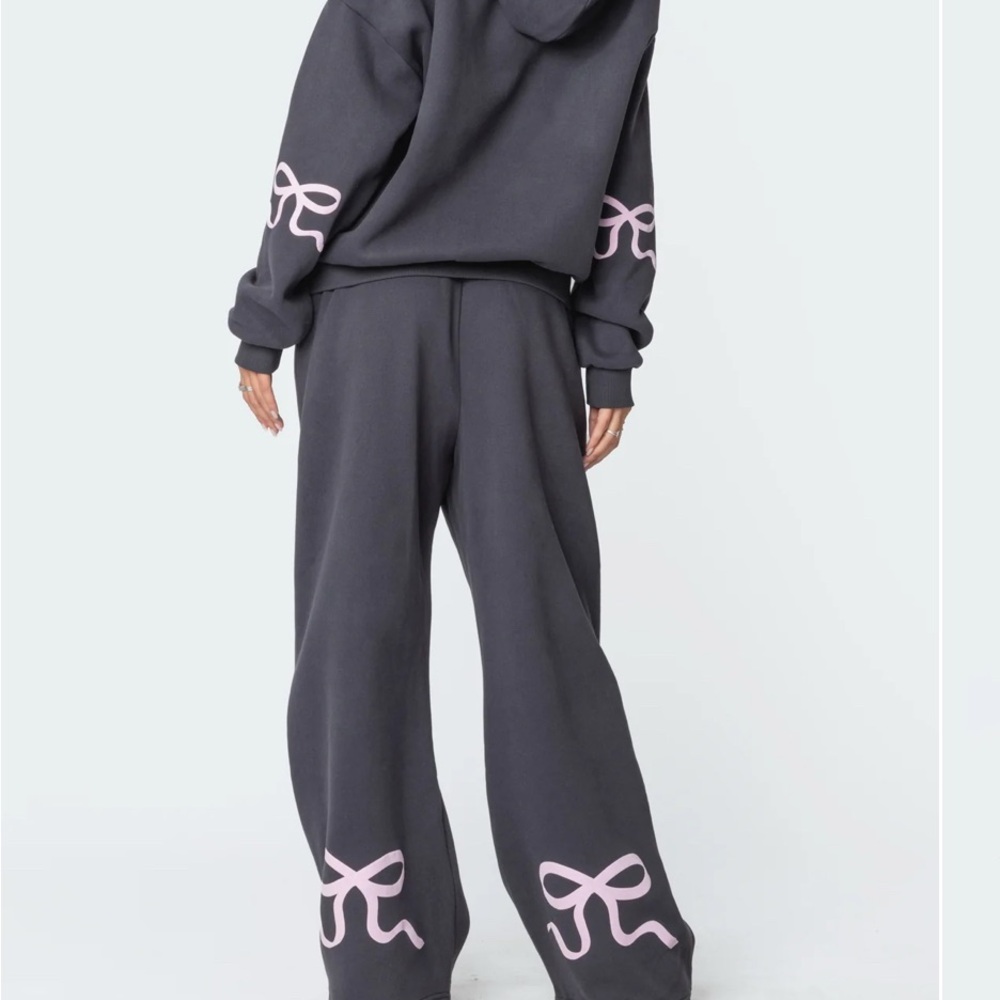 Edikted Gray and Pink Track SweatPants with Graphic Bow Design from PacSun